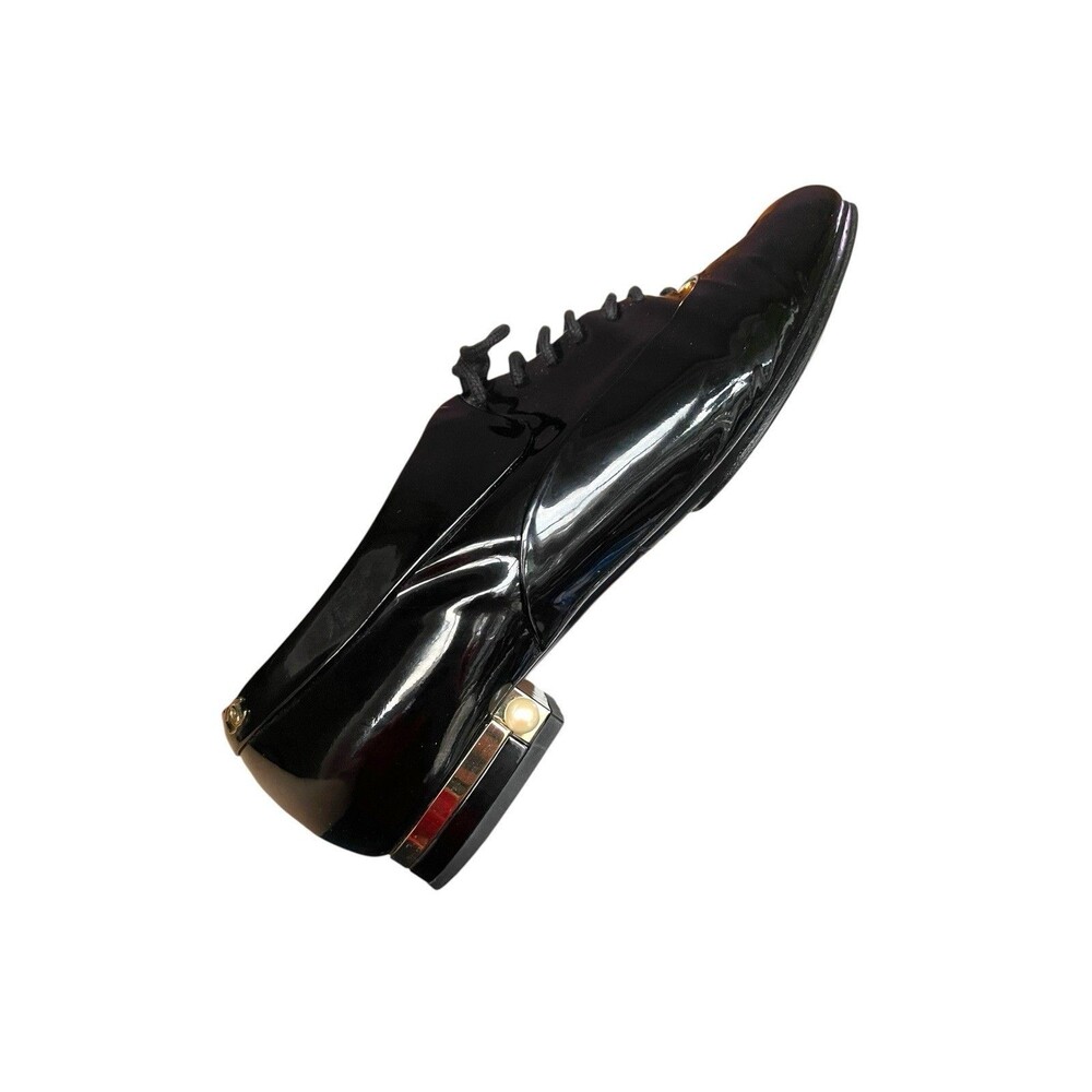 Chanel Black Patent Leather Lace Up Oxford Shoes Pearl Heel CC Logo EU 39.5 - Picture 7 of 12